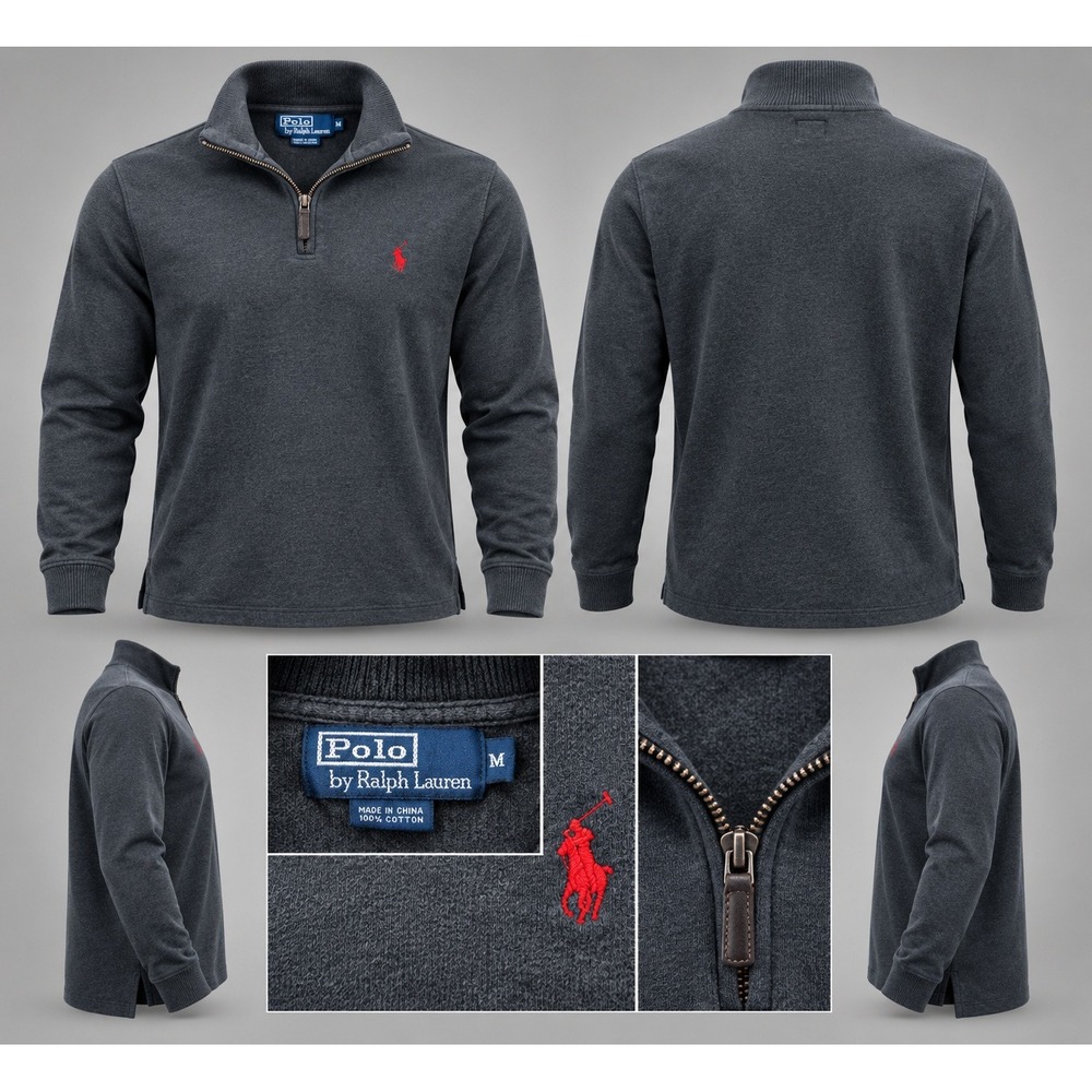 Polo Ralph Lauren Mens Gray Quarter Zip Cotton Knit Pullover Sweater Size M
